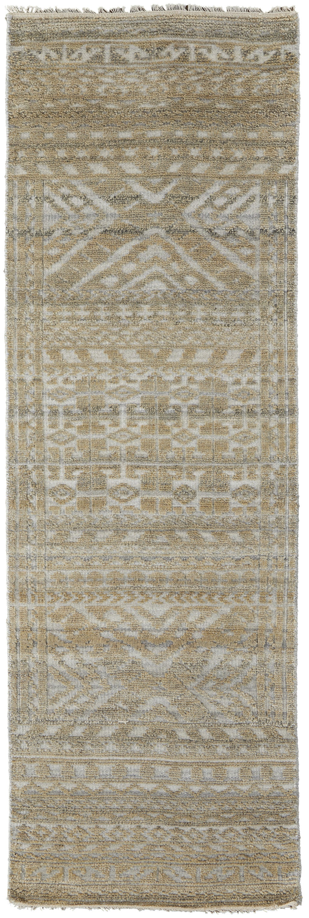 10' Gold and Tan Geometric Hand Knotted Worn Faded Runner Rug