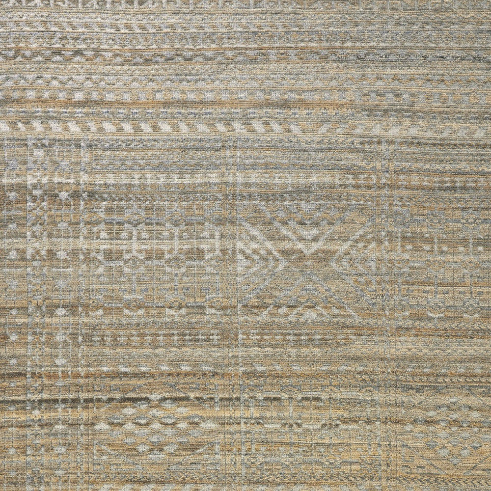 10' Gold and Tan Geometric Hand Knotted Worn Faded Runner Rug